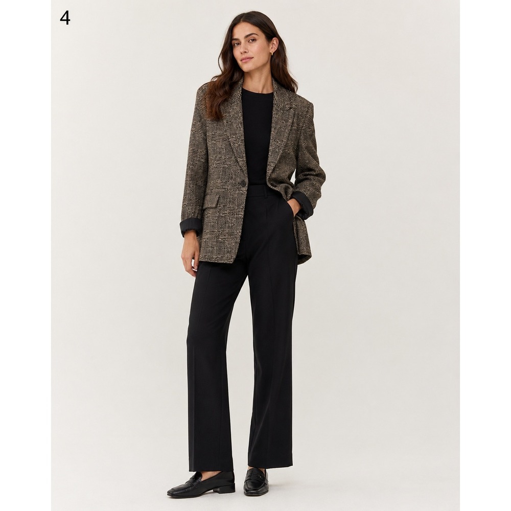 Elie Tahari Plaid Blazer Jacket Women 12 Black Beige Single Button Lined Pockets
